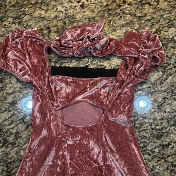 Kimchi Blue Pink Crushed Velvet Mini Dress Puff Sleeve Tie Back Fairycore Size S - Picture 5 of 8